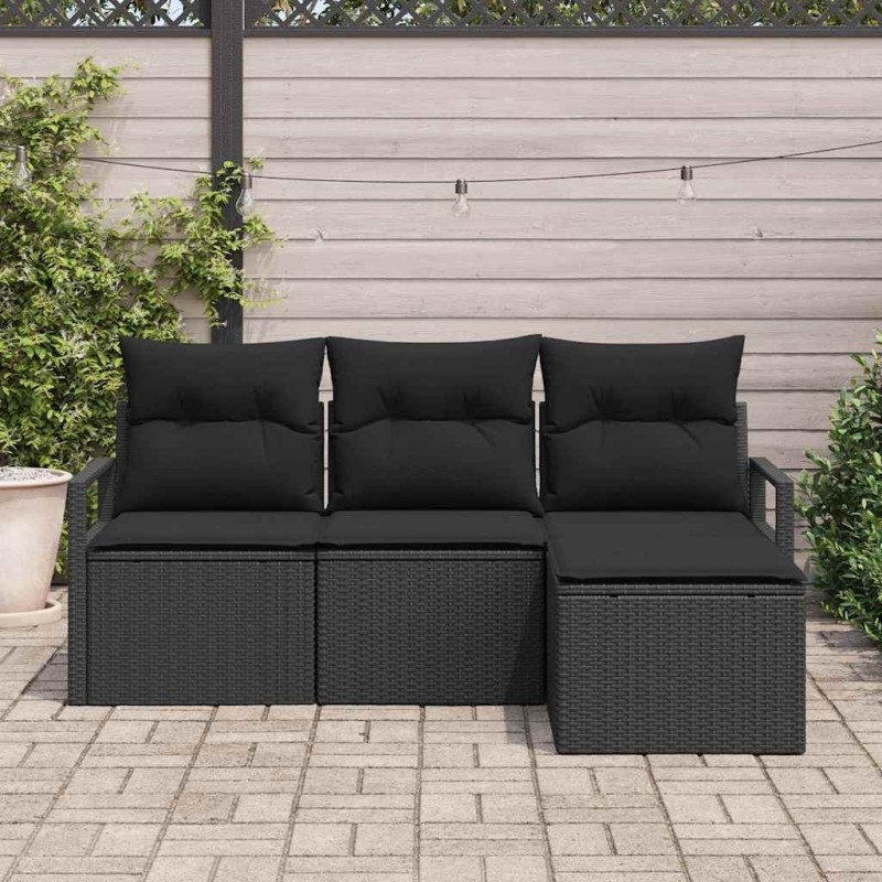 Ensemble de canapé de jardin 4 pièces avec coussins en poly rattan noir 