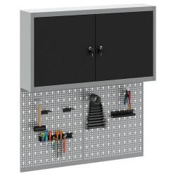 Set de cabinet à outils et panneau perforé 3 pièces monté au mur en métal noir 