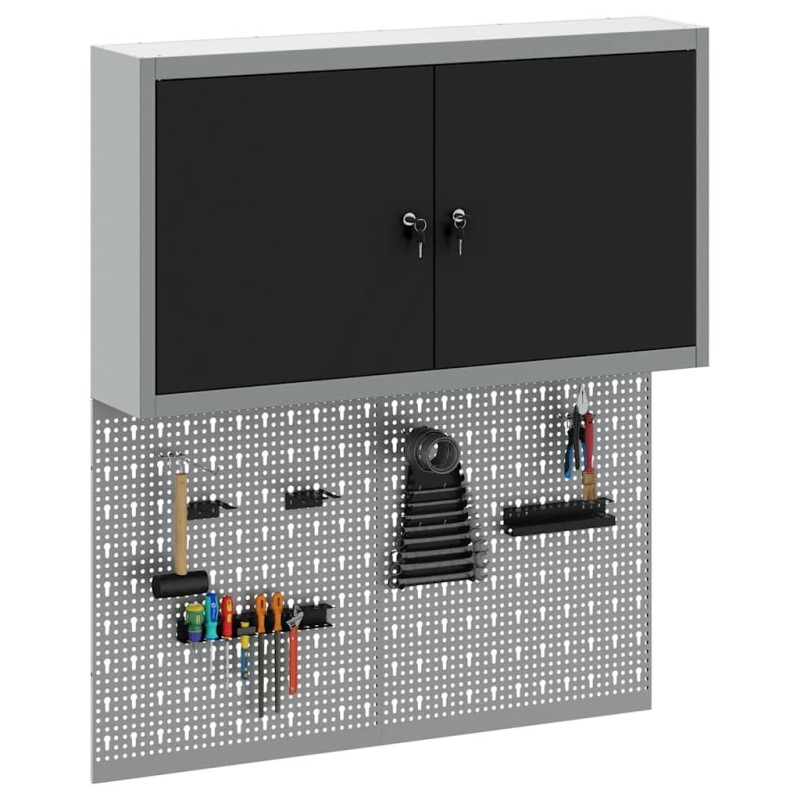 Set de cabinet à outils et panneau perforé 3 pièces monté au mur en métal noir 