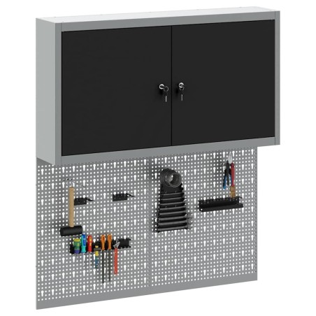 Set de cabinet à outils et panneau perforé 3 pièces monté au mur en métal noir 