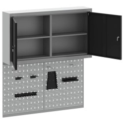 Set de cabinet à outils et panneau perforé 3 pièces monté au mur en métal noir 