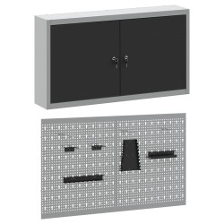 Set de cabinet à outils et panneau perforé 3 pièces monté au mur en métal noir 