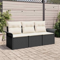 Ensemble de canapés de jardin 3 pièces avec coussins - Poly-rattan noir. 