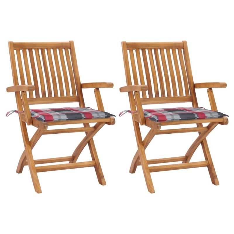 Chaises de jardin lot de 2 avec coussins à carreaux rouge Teck 