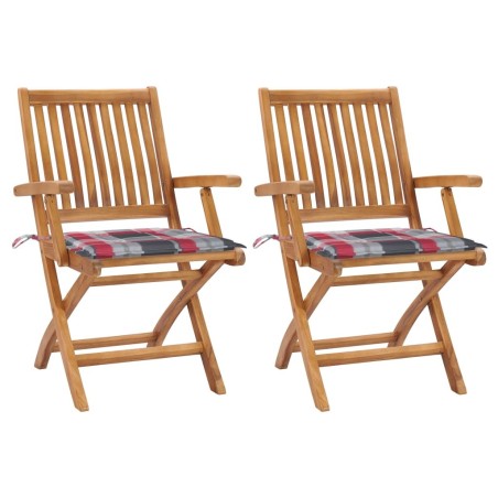 Chaises de jardin lot de 2 avec coussins à carreaux rouge Teck 