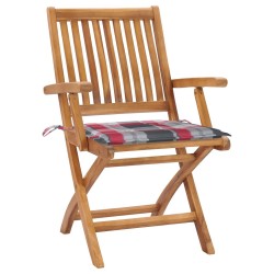 Chaises de jardin lot de 2 avec coussins à carreaux rouge Teck 