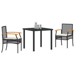 Set de salle à manger de jardin de 3 pièces avec coussins en poly rotin noir 