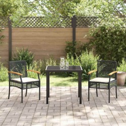 Set de salle à manger de jardin de 3 pièces avec coussins en poly rotin noir 
