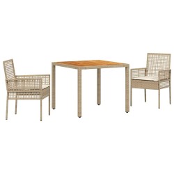 Ensemble de salle à manger de jardin en 3 pièces avec coussins crème beige poly rotin 