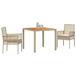 Ensemble de salle à manger de jardin en 3 pièces avec coussins crème beige poly rotin 