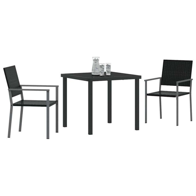 Ensemble de repas de jardin en poly rattan noir, 3 pièces 