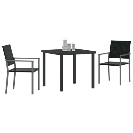 Ensemble de repas de jardin en poly rattan noir, 3 pièces 