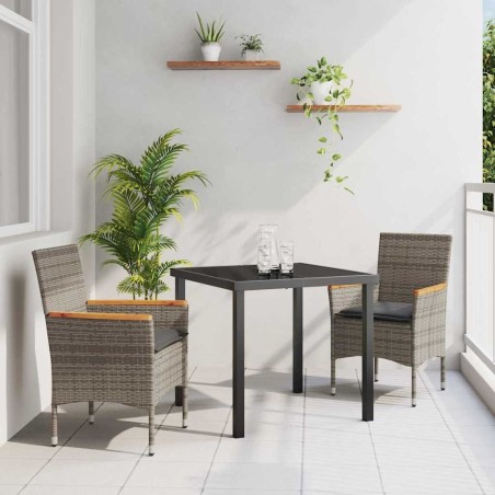 - Ensemble de salle à manger de jardin 3 pièces avec coussins gris en poly rotin 