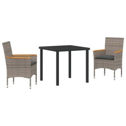 - Ensemble de salle à manger de jardin 3 pièces avec coussins gris en poly rotin 