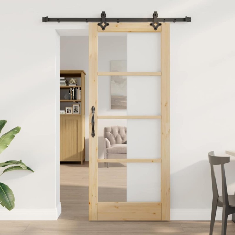 Ensemble de porte coulissante avec quincaillerie 83x202 cm en bois massif de pin 
