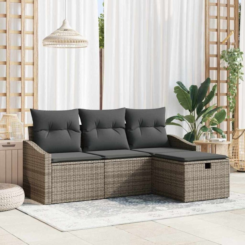 Ensemble de canapé de jardin 4 pièces avec coussins gris en poly rotin 