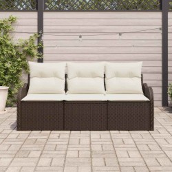 Ensemble de canapé de jardin 3 pièces avec coussins marron en poly rotin. 