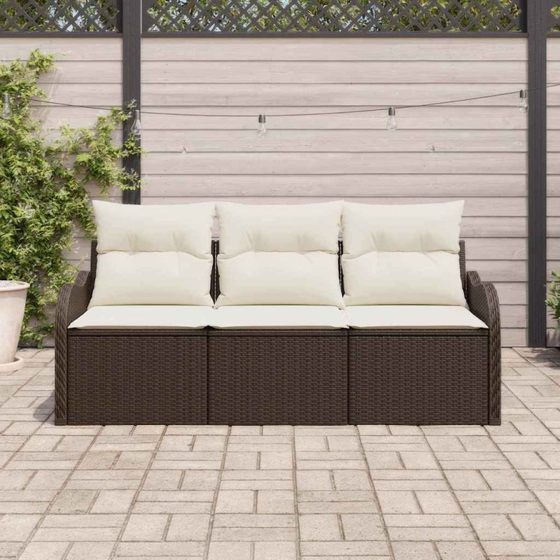 Ensemble de canapé de jardin 3 pièces avec coussins marron en poly rotin. 