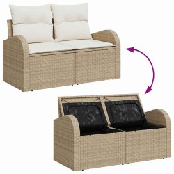 Canapé de jardin 2 places avec rangement et coussins en poly rattan beige 