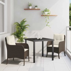 Ensemble de salle à manger de jardin 3 pièces avec coussins marron en rattan poly 