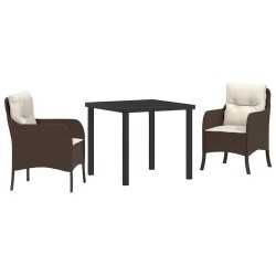 Ensemble de salle à manger de jardin 3 pièces avec coussins marron en rattan poly 