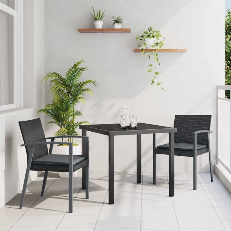 Ensemble de salle à manger de jardin , 3 pièces, avec coussins noirs en poly rotin. 