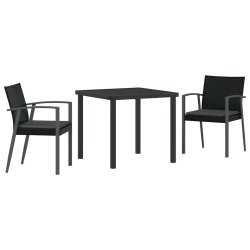 Ensemble de salle à manger de jardin , 3 pièces, avec coussins noirs en poly rotin. 