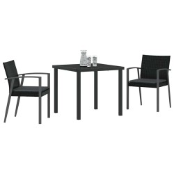 Ensemble de salle à manger de jardin , 3 pièces, avec coussins noirs en poly rotin. 