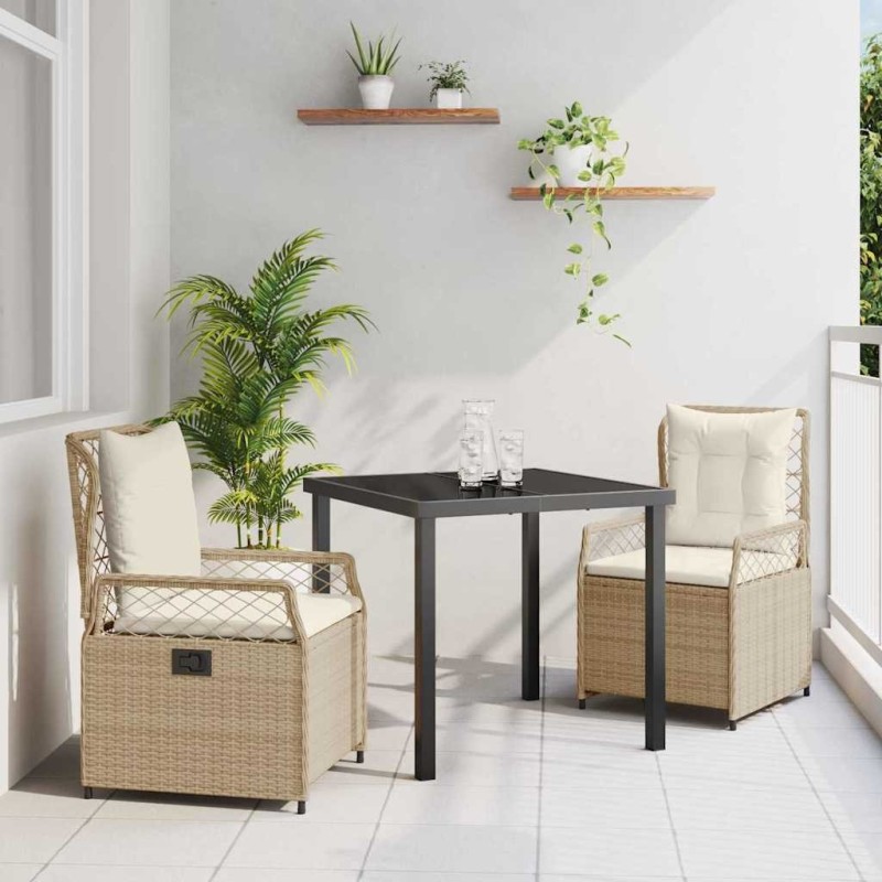 Ensemble de dinette de jardin 3 pièces en rotin synthétique beige 