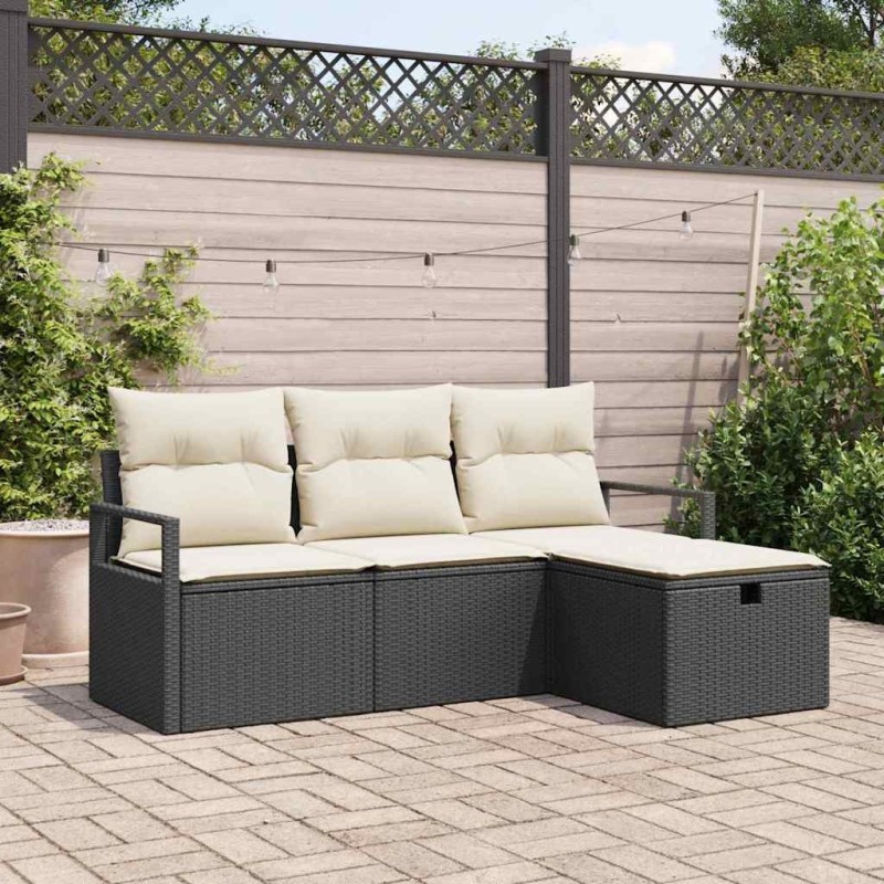 Ensemble de canapés de jardin 4 pièces avec coussins noirs en poly rotin 
