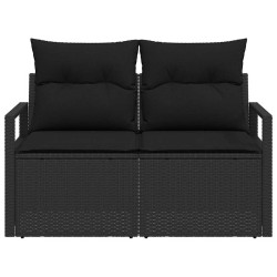 Canapé de jardin 2 places avec rangement et coussins en poly rattan noir 
