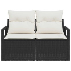 Canapé de jardin 2 places avec rangement et coussins en poly rotin noir 