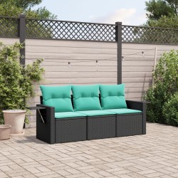 Salon de jardin 3 pcs avec coussins noir résine tressée 
