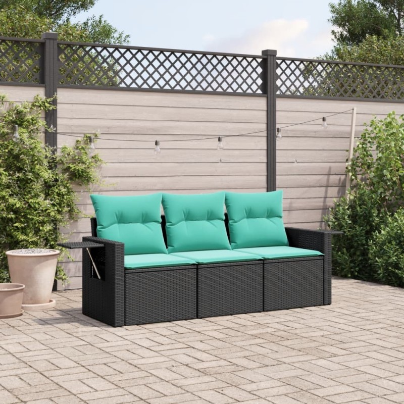 Salon de jardin 3 pcs avec coussins noir résine tressée 