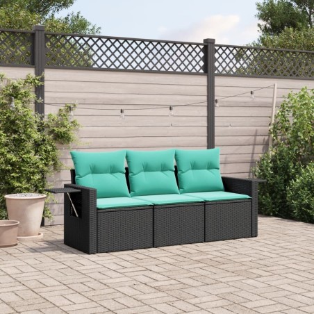 Salon de jardin 3 pcs avec coussins noir résine tressée 
