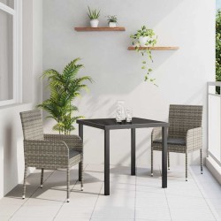 Ensemble de repas de jardin de 3 pièces avec coussins, gris, en poly rotin 
