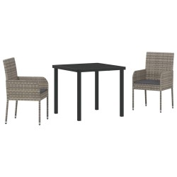 Ensemble de repas de jardin de 3 pièces avec coussins, gris, en poly rotin 