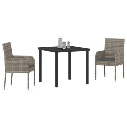 Ensemble de repas de jardin de 3 pièces avec coussins, gris, en poly rotin 