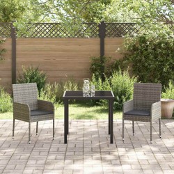 Ensemble de repas de jardin de 3 pièces avec coussins, gris, en poly rotin 