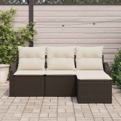Ensemble de canapé de jardin 4 pièces avec coussins marron en poly rotin 