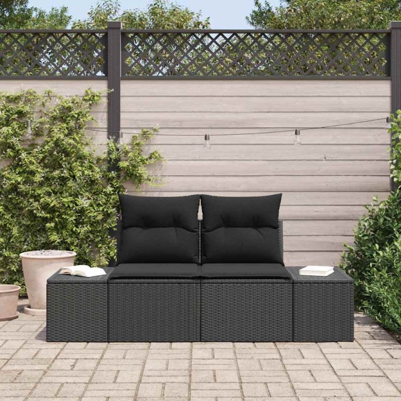 Canapé de jardin 2 places avec coussins Noir Rotin Synthétique 