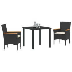 Ensemble de jardin 3 pièces avec coussins en poly rotin noir 