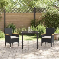 Ensemble de jardin 3 pièces avec coussins en poly rotin noir 