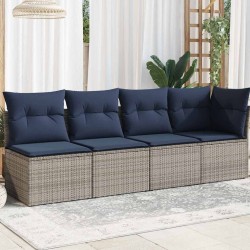 Canapé de jardin avec coussins 4 places Gris en poly rotin 