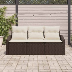 Ensemble de canapé de jardin 3 pièces avec coussins en poly rotin brun 
