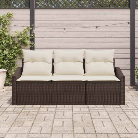 Ensemble de canapé de jardin 3 pièces avec coussins en poly rotin brun 