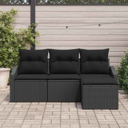 Ensemble de canapé de jardin 4 pièces avec coussins Noir Rattan Poly 