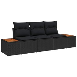 Ensemble de Canapé de Jardin 3 Pièces avec Coussins Noirs en Poly Rattan et Acacia 