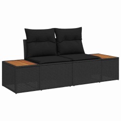 Ensemble de Canapé de Jardin 3 Pièces avec Coussins Noirs en Poly Rattan et Acacia 