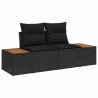 Ensemble de Canapé de Jardin 3 Pièces avec Coussins Noirs en Poly Rattan et Acacia 